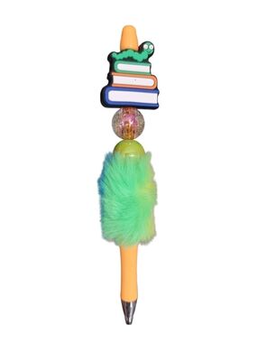 Orange and Green Fuzzy Worm Book Stack Pen - Fun Writing